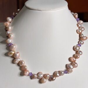 Handmade Pink Freshwater Pearl Necklace with Amethyst Crystal Accents 18 inches